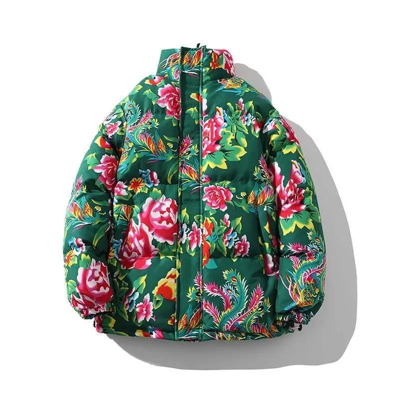 2024 New Chinese-Style Peony Cotton Padded Jacket Cotton Coat with Large Flower Pattern for Men and Women