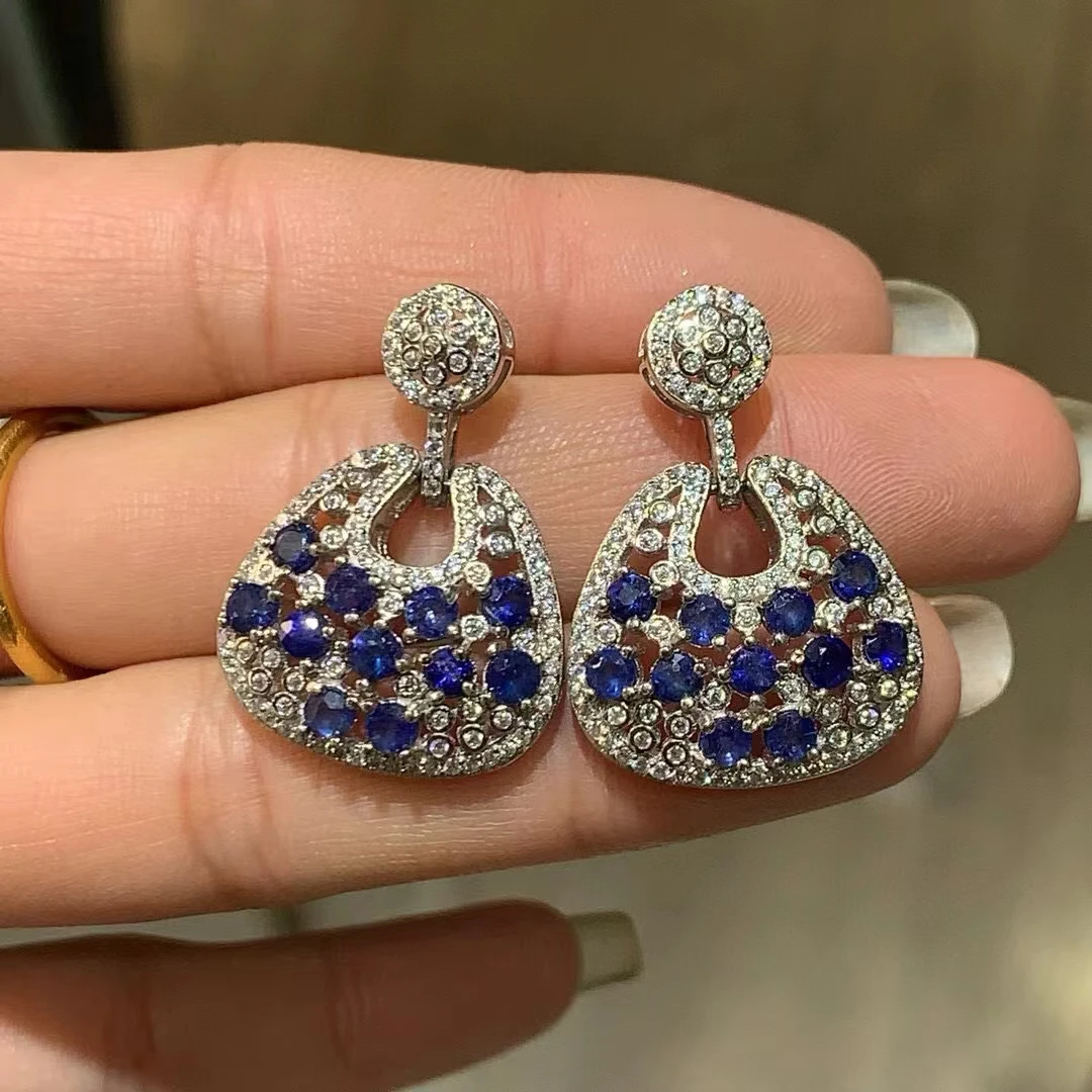 Fine Jewelry S925 Pure Silver Exquisite Inlaid  Natural Sri Lanka Sapphire Women's Earrings High Clarity Gems Support Testing