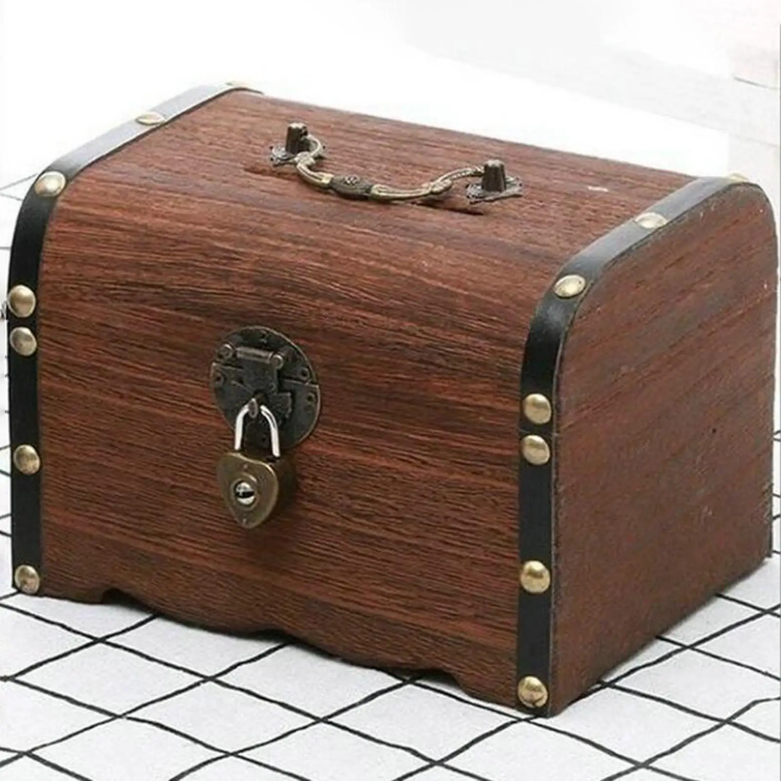 Wooden Piggy Bank Jewelry Storage Case with Lock Decorative Treasure Box Rustic for Home Decor Valentines Day Gifts for Kids