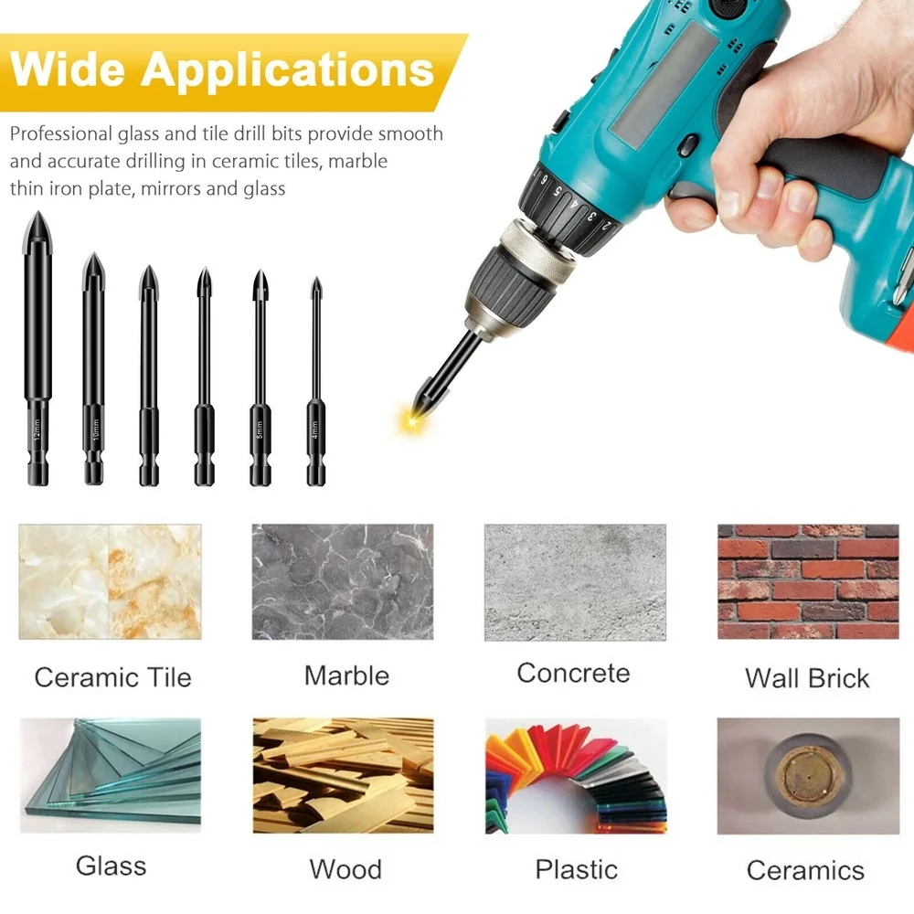 Cross Tile Bit Set Hex Glass Ceramic Concrete Drill Hard Alloy Hole Opener Triangle Drill Tip for Woodworking Tool
