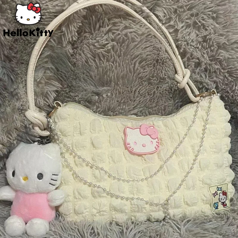 Sanrio Hello Kitty New Hand-made Bags With Pendant Women Luxury Design Handbag Y2k Fashion Shoulder Underarm Bag Female Tote Bag