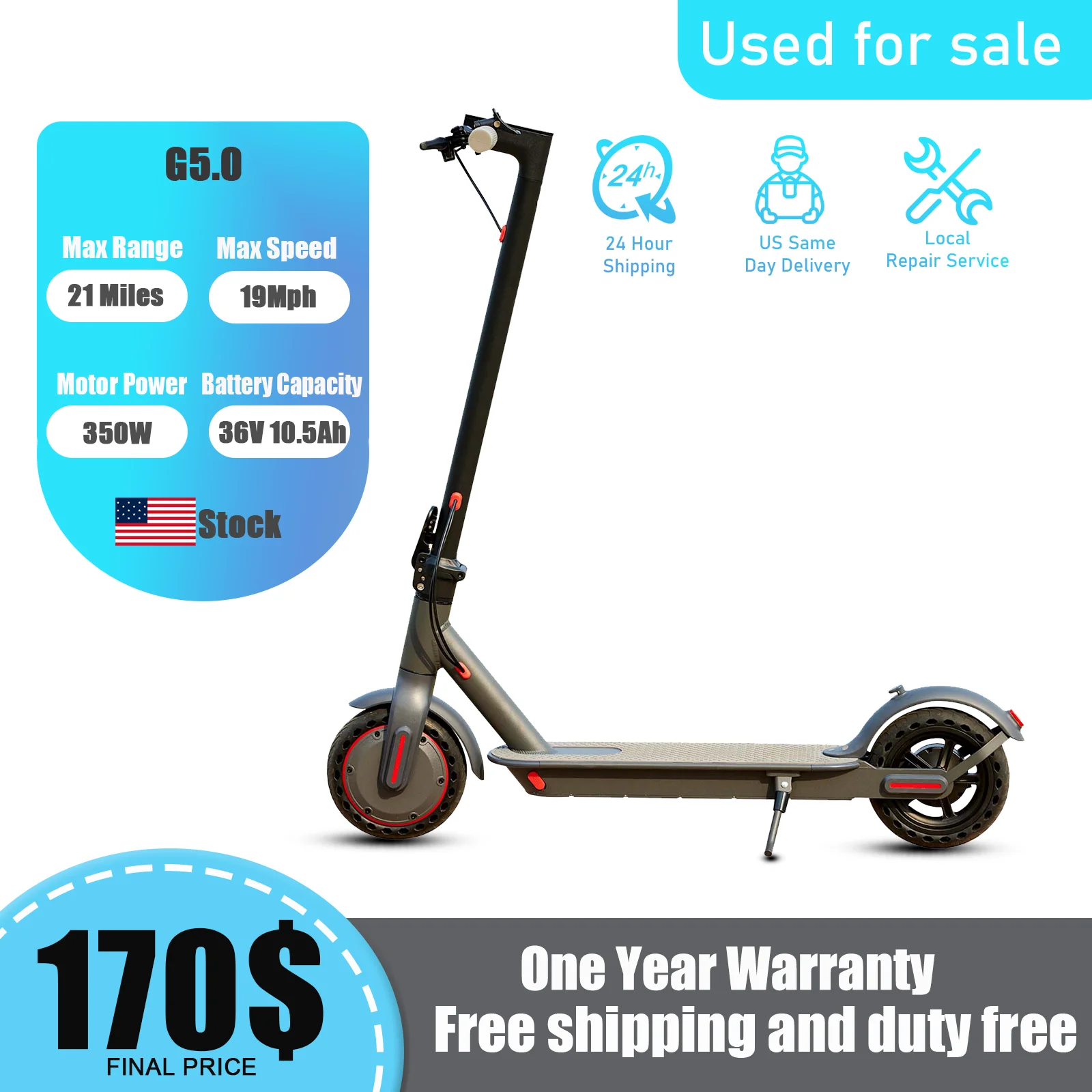 G5.0 Electric Scooter Used For Sale 36V 10.5AH Battery 19MPH Max Speed 21Miles Range 8.5 Inch Tires Foldable Scooter US Inventor