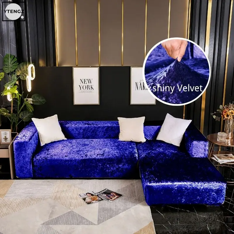 Shiny Velvet L Shaped Sofa Covers for Living Room Elastic Couch Slipcover Chaise Longue Corner Stretch Sofa Cover Blue