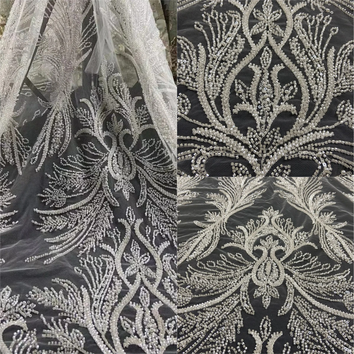 

4.55M High-end beaded tube embroidery fabric hand-made sequins mesh yarn custom wedding dress and evening dress diy materials