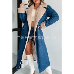 Autumn & Winter Women's Elegant Coat Lamb Fleece Polo Collar Cotton Inner Lining Lace Up Double Pocket Denim Jacket for Female