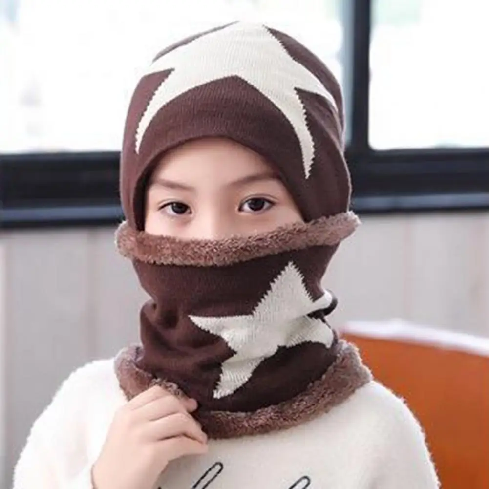 Lightweight Knitted Hat Neckerchief Skin-Touch Coldproof Stylish Cute Children Star Print Fleece Lined Hat Scarf Set