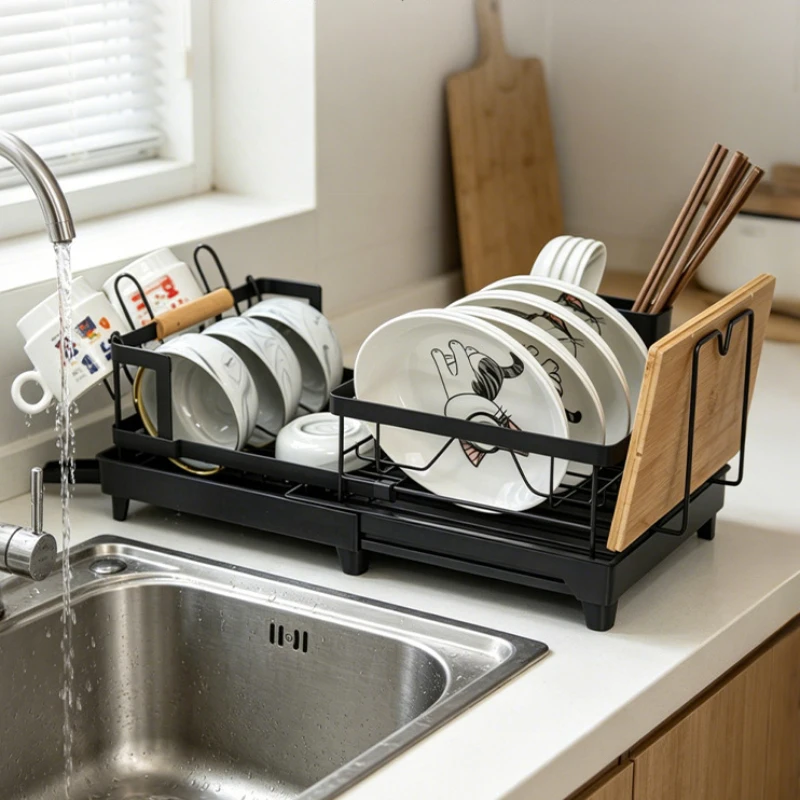 Small Kitchen Dish Rack Expandable Plate Bowl Storage Organizer with Automatic Drain Tray Sink Side Rack