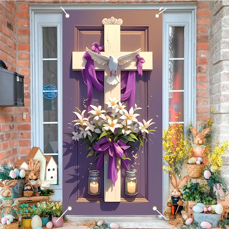 Capa de porta cruzada de páscoa, decoração de varanda roxa, banner perfeito para decorações de festa de primavera