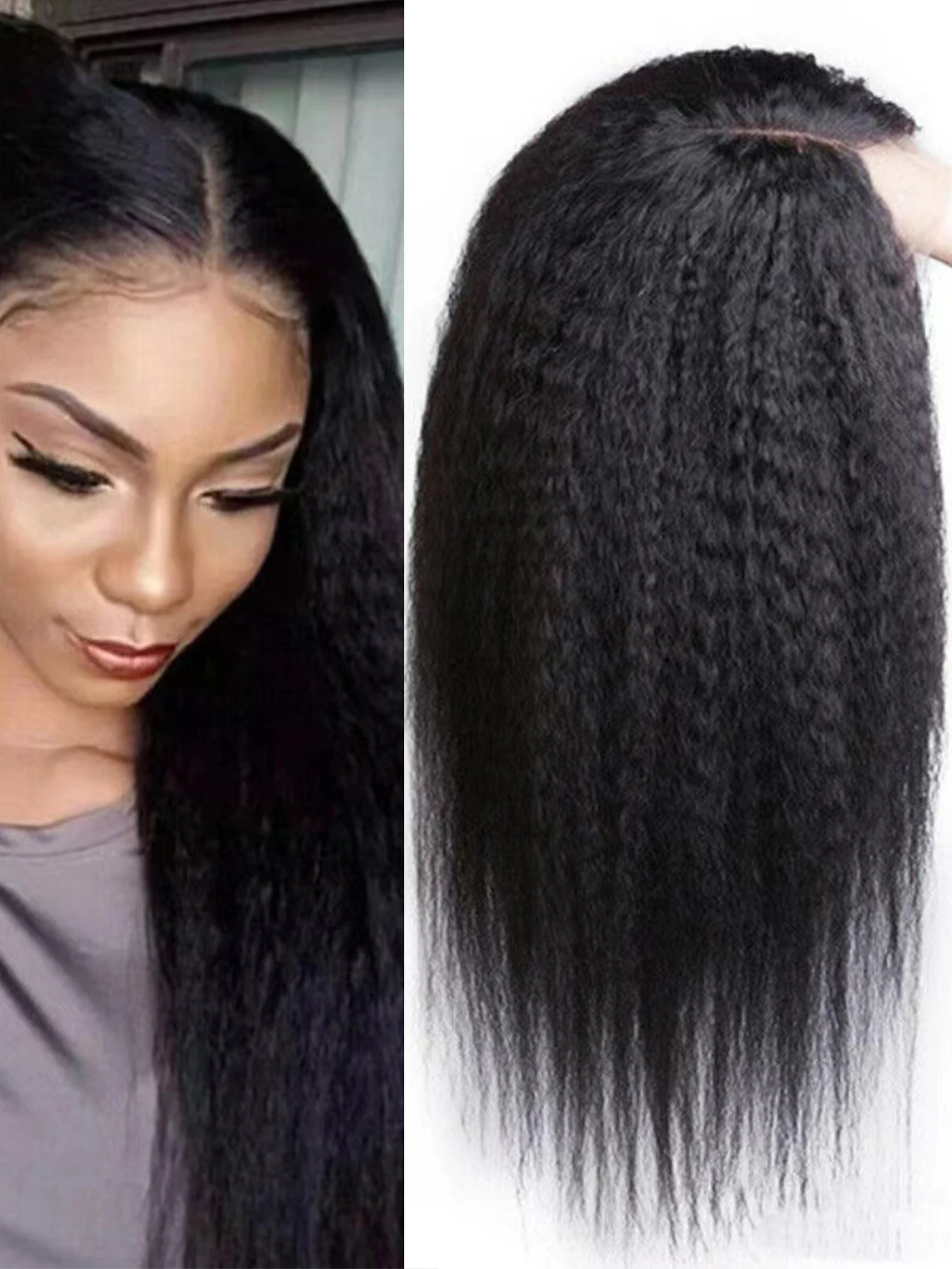 ロングブラック縮毛矯正ストレート合成ウィッグ レディース ミドルパート ヤキストレートヘア デイリーコスプレ耐熱ファイバーウィッグ