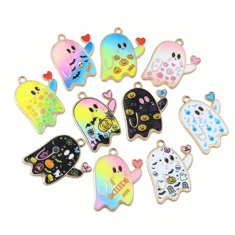 10pcs 25x20mm Alloy Enamel Pumpkin Halloween Ghost Charms Pendants for Earrings Bracelet Necklace DIY Jewelry Making Accessories
