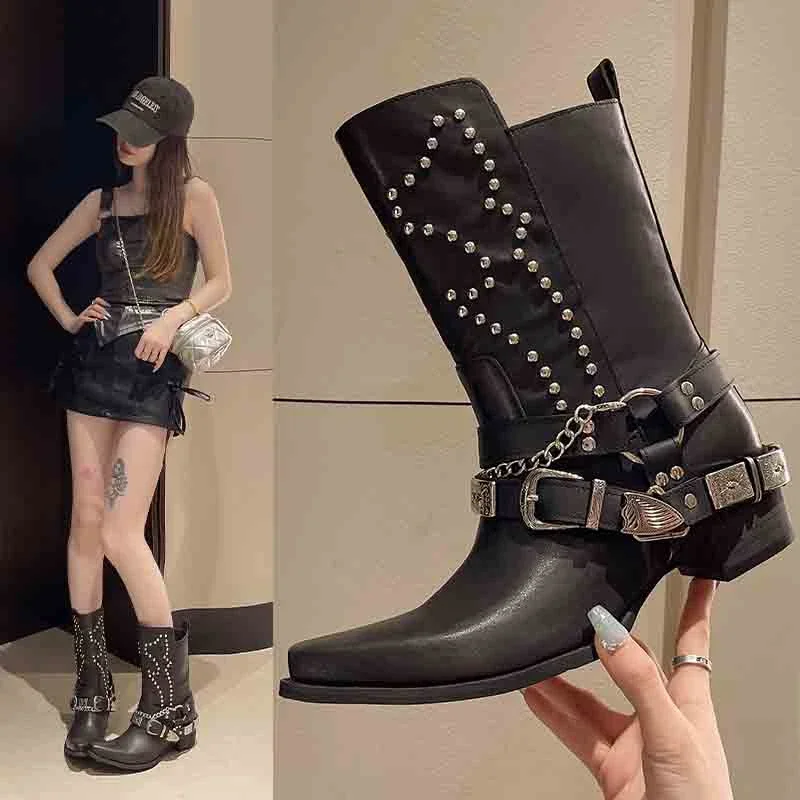 2024 Winter New Retro Women\'s Cowboy Boots Metal Chain Cowboy Boots Fashion Music Festival Women\'s Shoes Mid-calf Boots