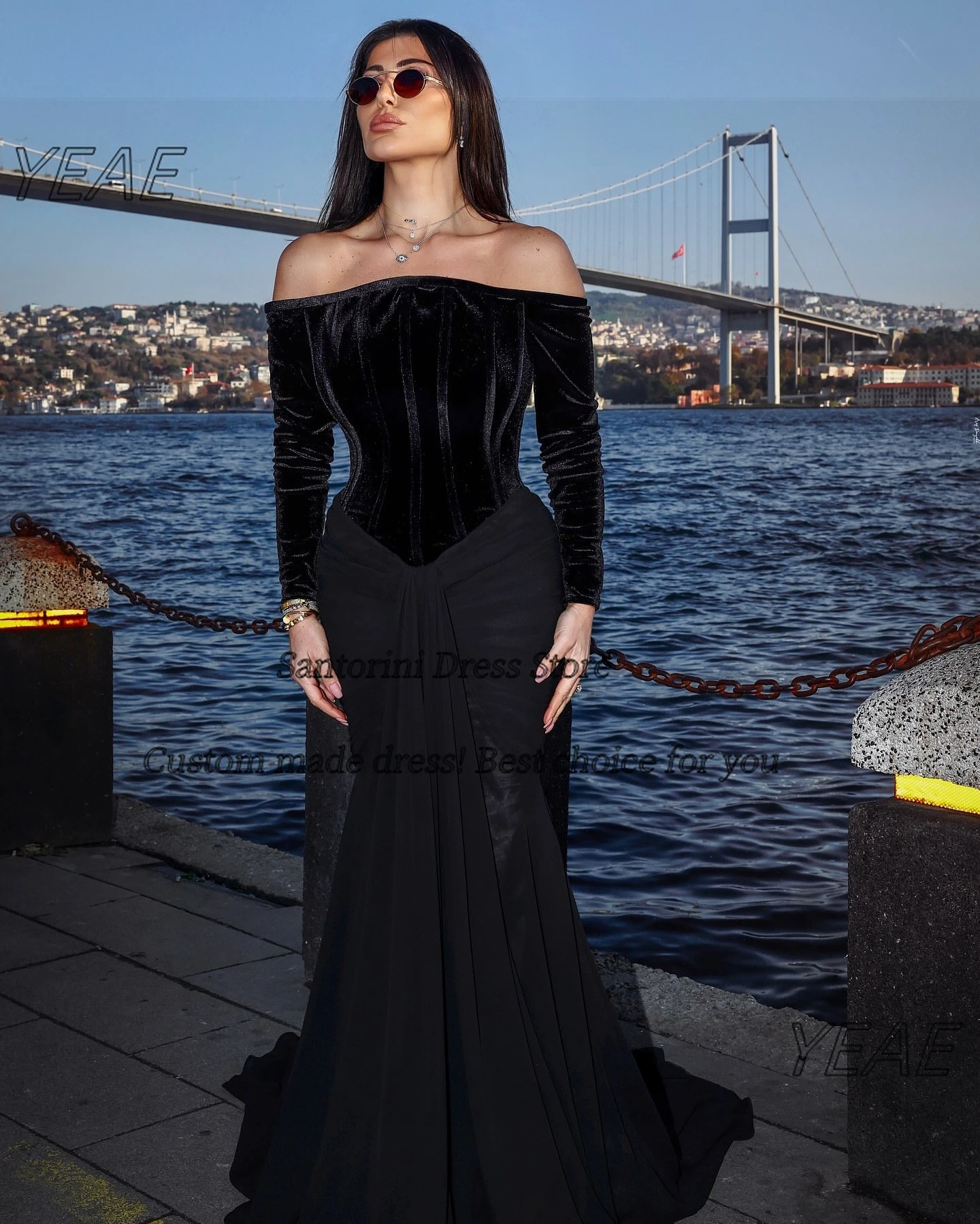 Santorini 2026 vestidos de fiesta negros vestidos de noche de manga larga de terciopelo vestido de fiesta de sirena de tren de barrido acanalado personalizado