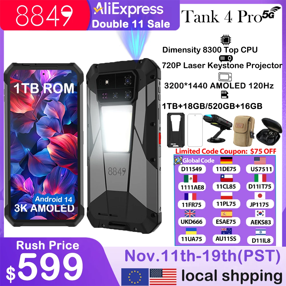8849 Tank 4 Pro Unihertz 5G Rugged Projector Smartphone 1TB 36G Android 14 Sports Phone 11600mAh Dimensity8300 AMOLED 120HZ