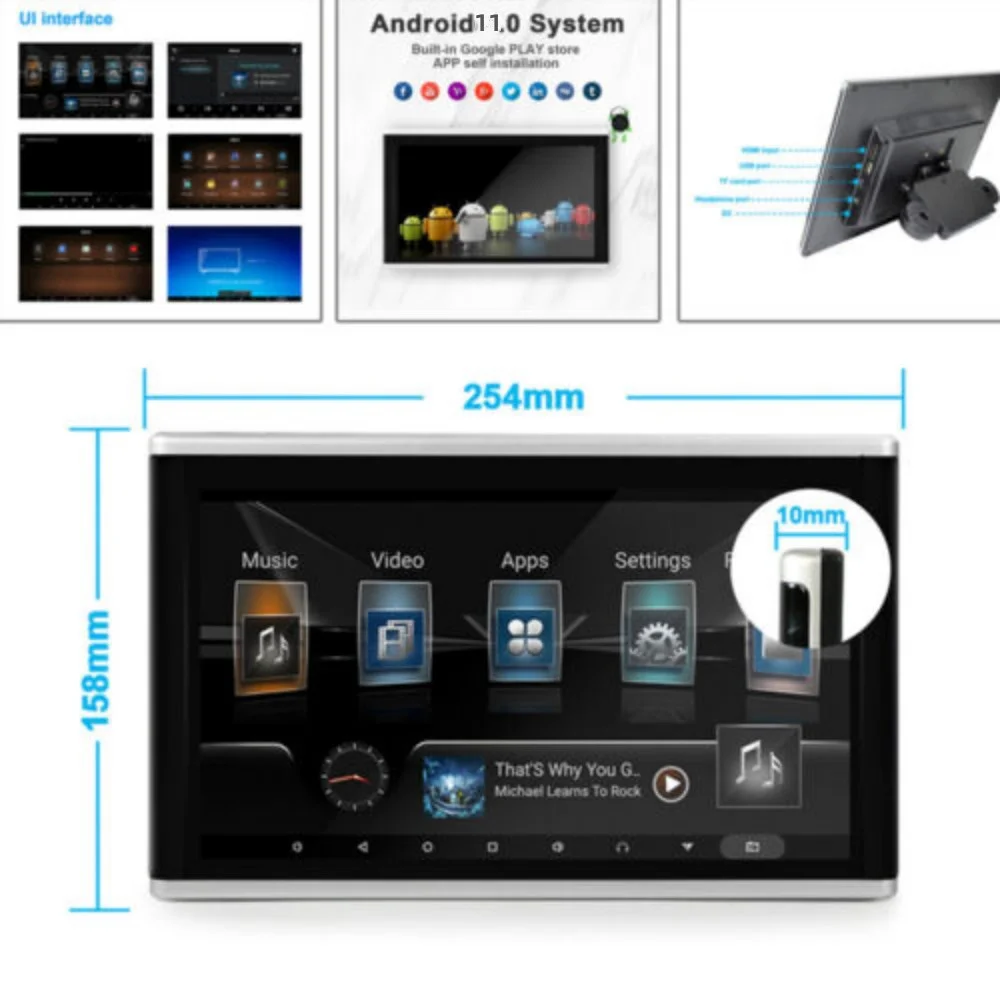 Car Headrest Video Multimedia Player Bluetooth Rear Back Seat TV Monitor Display Android 11 HDMI Touch Screen Tablet for Airplay