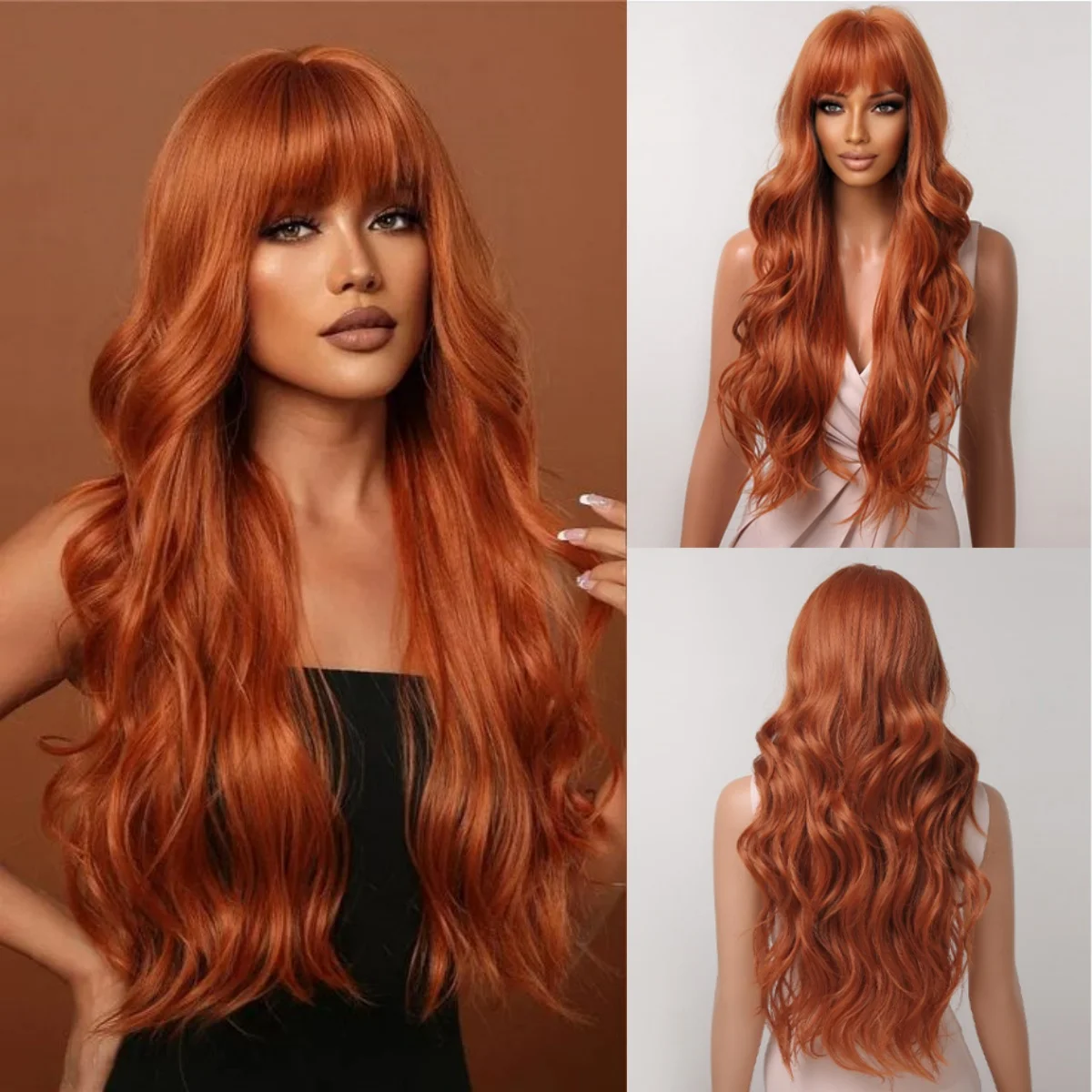 

Orange Super Long Wavy Synthetic Wigs with Bangs Fake Hairs for Women Use Cosplay Daily Party Helloween High Temperature Fiber