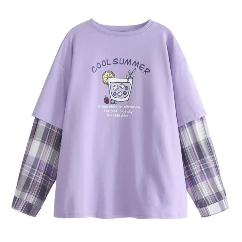 2023 Autumn Thin Splice Fake Two Piece Light Purple Long Sleeve T-shirts New Korean Version Loose Versatile Student Top