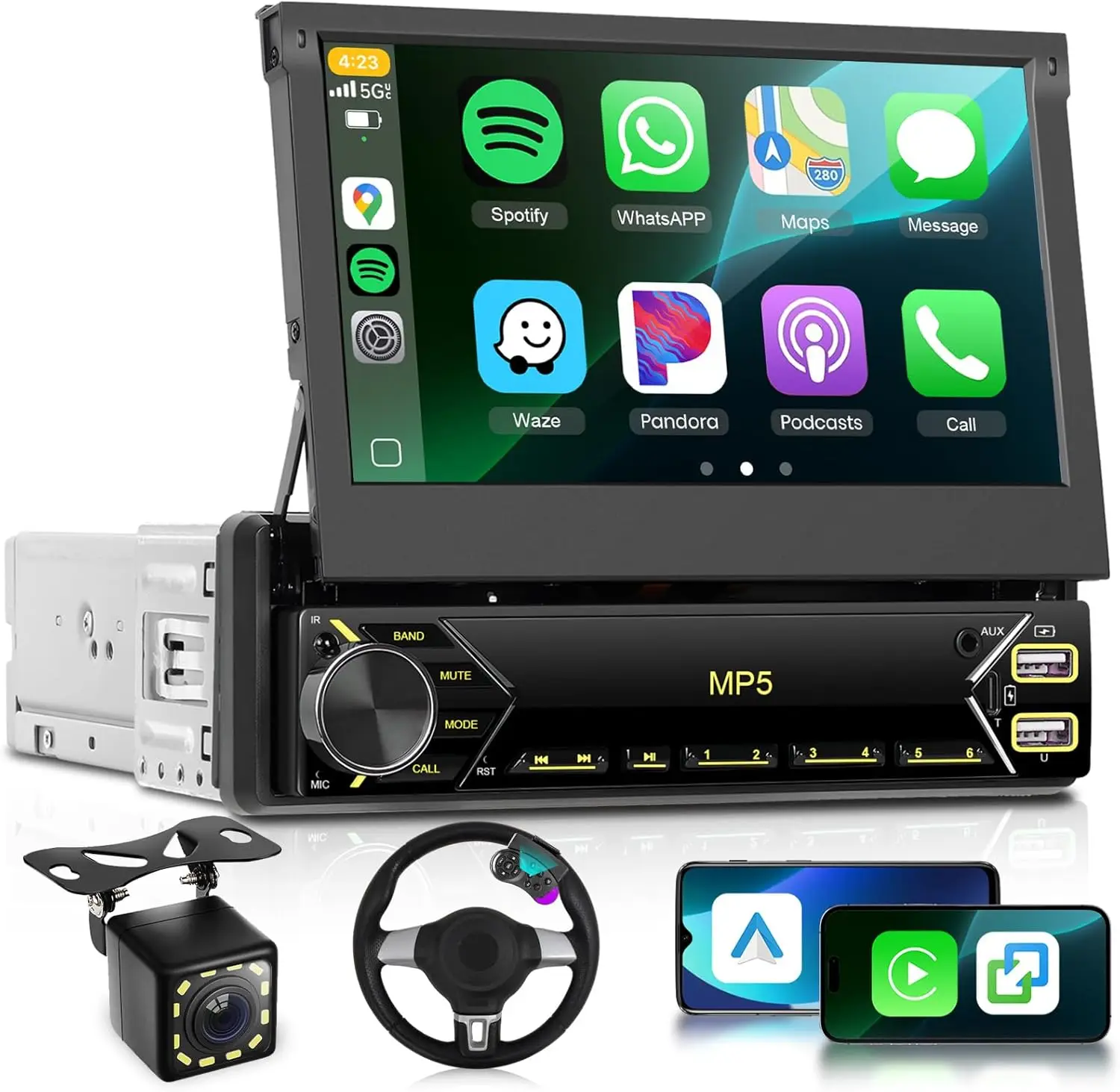 

7' Car Stereo Single Din Flip Out Radio with Wireless CarPlay, Android Auto, Bluetooth, YouTube, FM, USB/C, Mirror Link, SWC, Ba