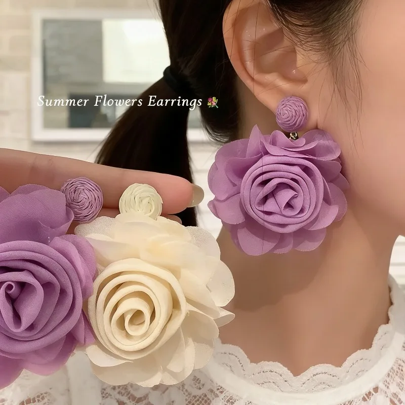 Fabric Flower Earrings Beach Vacation Style Exaggerated Stud Unique Pretty Lightweight Handmade for Women Girls Daily Party Wear