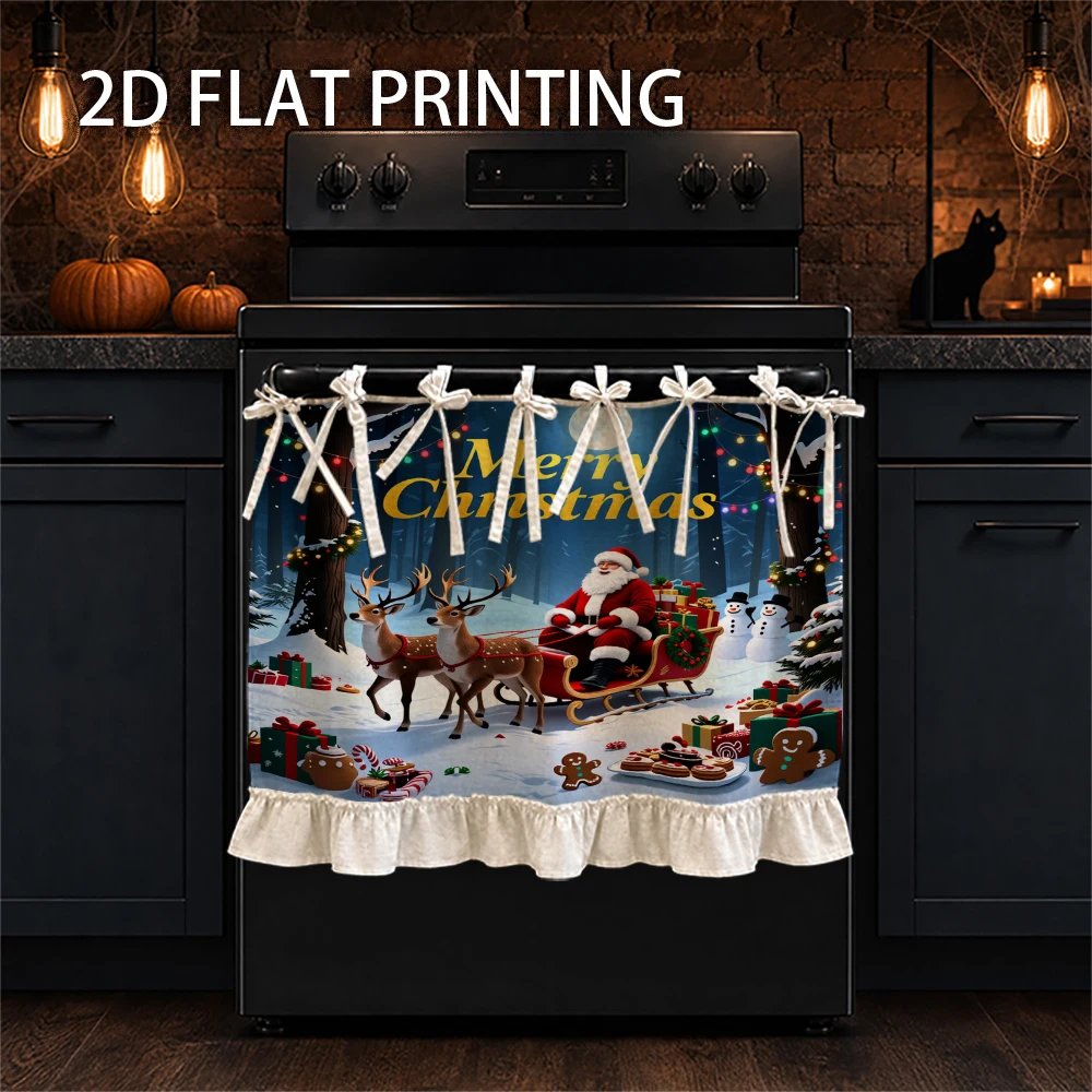 1PC Christmas Kitchen Curtains-Cupboard Curtains-Aprons. With Santa Claus, reindeer and a snowy forest. Can be used as a stove c