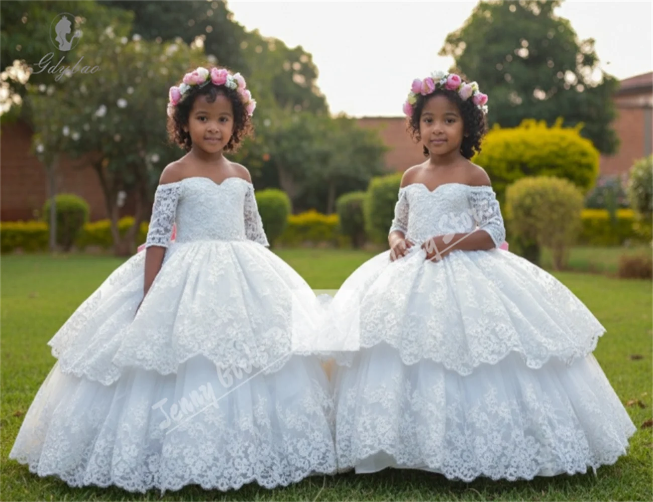 

White Lace Flower Girl Dress Puffy Off-Shoulder Pink Bow Half-Sleeve Children's First Communion Evening Dress For Girls
