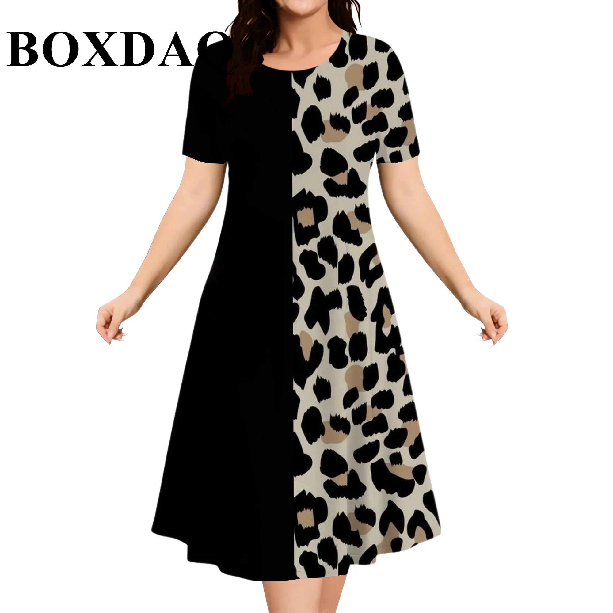 Elegant Fashioin Leopard Print Short Sleeve Dresses For Women 2026 Summer Casual Loose O-Neck A-Line Dress Plus Size 6XL Clothes