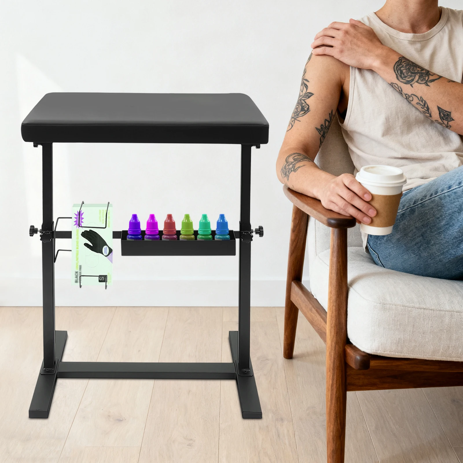 

Подставка для татуировки с ящиком для хранения и стойкой, регулируемая высота и угол, грузоподъемность 110 фунтов для тату-салона