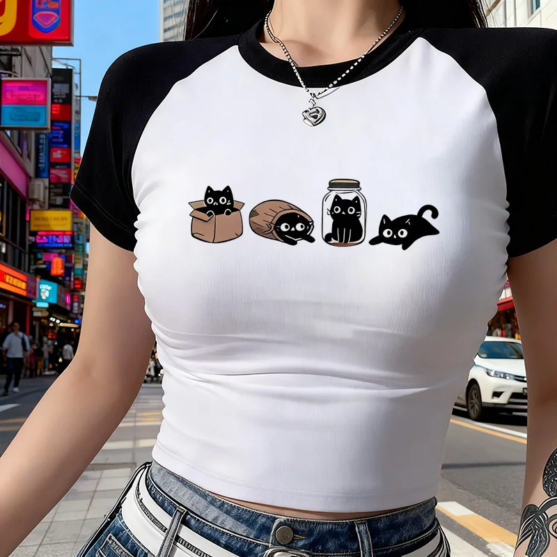 Women's Y2K CropTops Sexy Short Sleeve T-Shirt 90s Summer Cropped T Shirt with Four Black Cats in Different Poses Print Clothes