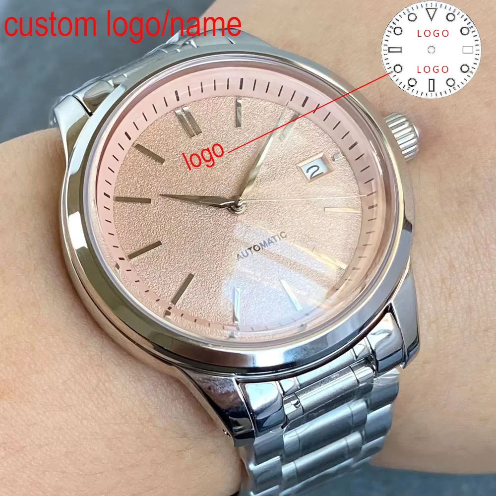 

Custom Classic 40mm Polished Bezel Salmon Pink Double Bow Sapphire Steel Bracelet NH35A Automatic Mechanical Men's Diver Watches