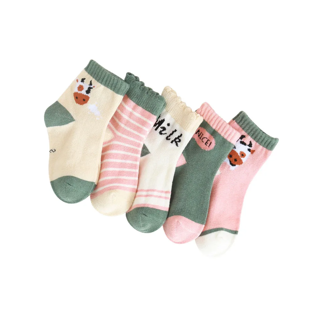 

5Pairs Children Cotton Socks Kids Cow Pattern Knee High Stockings Autumn Winter Non Slip Breathable Baby Socks Size M for 3-5