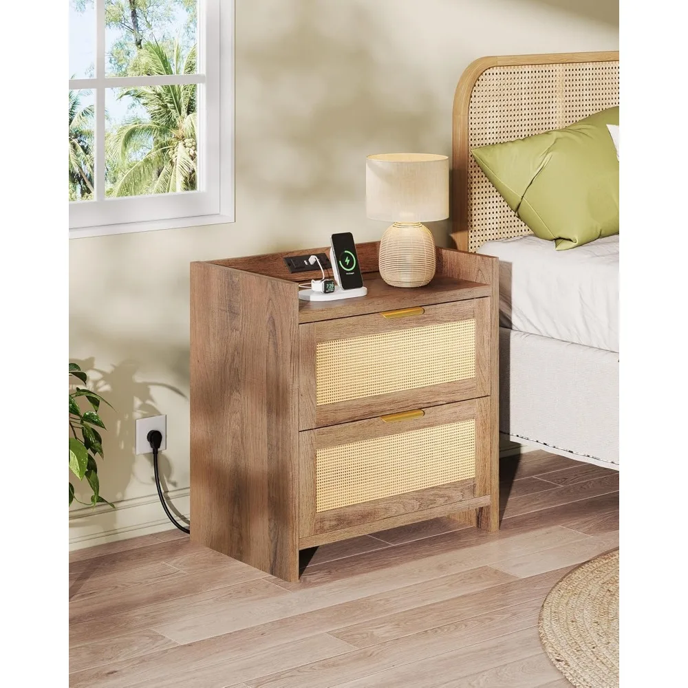 침대 옆 탁자, 충전 스테이션이 있는 침대 옆 탁자, 서랍 2개가 있는 보헤미안 스타일 침대 옆 테이블, 침실용 엔드 테이블, 거실용