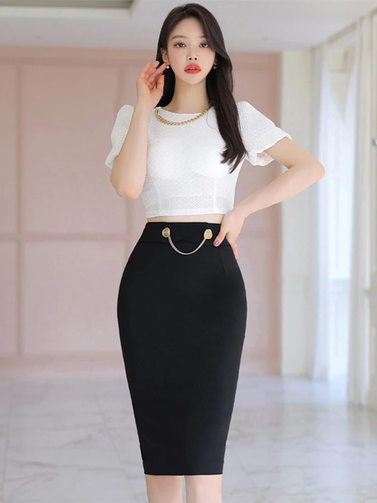 Summer Sexy 2 Pieces Outfits Women Clothes Elegant Puff Sleeve Crop Tops Shirt Blouse And Black High Waist Midi Skirt Mujer Set