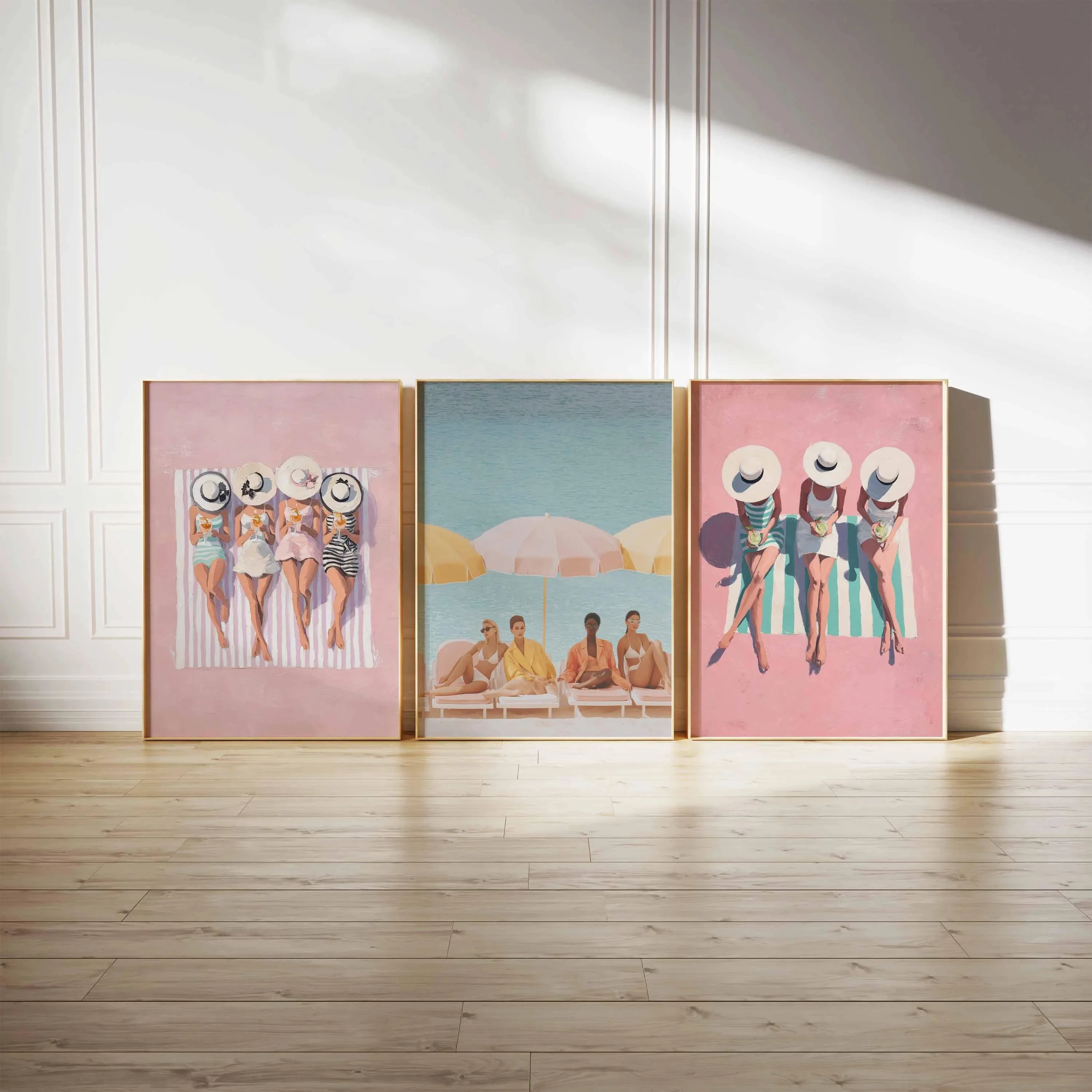 Set of 3 Retro Beach Ladies Posters, Vintage Summer Poolside Wall Art, Elegant Women in Swimsuits, Feminine Seaside Print Set