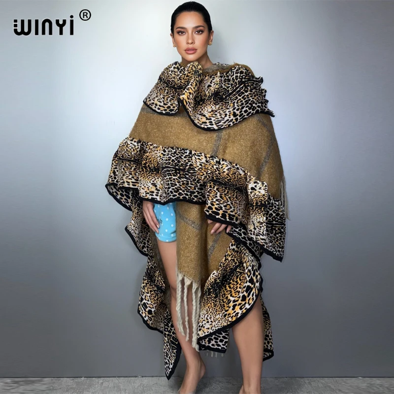 WINYI Leopard Print Tassel Cardigan Women's Winter Fashion Poncho Cape Jacket Luxury Female Overcoat Abaya Dubai Style