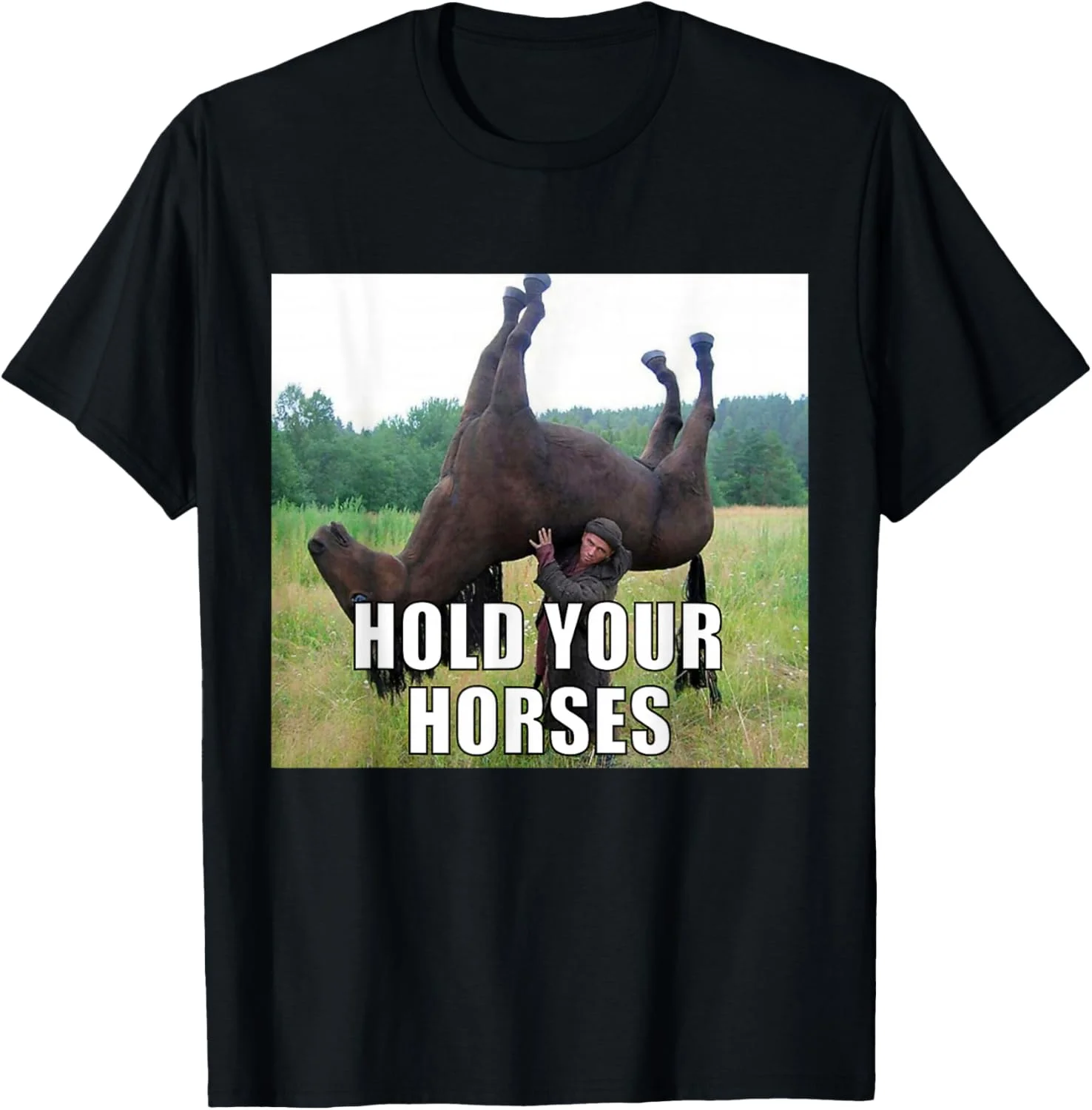 Weißes und schwarzes Kurzarm-T-Shirt mit witzigem Pferdemotiv und dem Text „HOLD YOUR HORSES“, stilvolles, lässiges T-Shirt – Detail 3