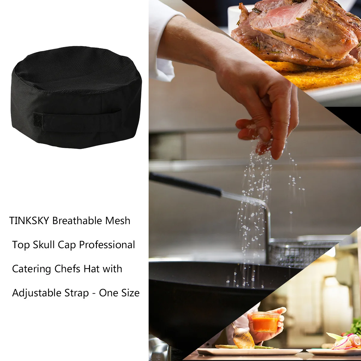 Profesjonalna czapka kucharska z siatką, regulowany pasek, rozmiar uniwersalny dla większości dorosłych, wygodna i miękka.