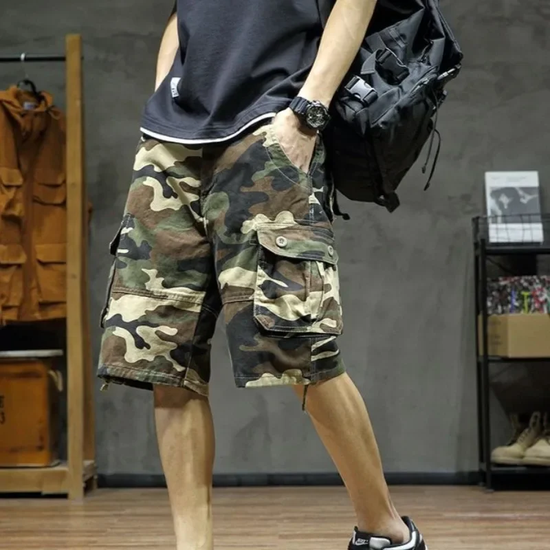 Camuflagem com bolsos bermuda larga meio solta calças curtas para homens baggy camo longo masculino carga shorts confortável hevy whate y2k