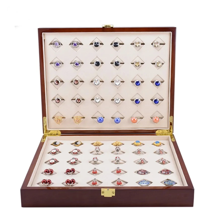 Luxurious Wooden Box Rings Earrings Jewelry Storage 60 Slots Cufflinks Display Box High-Capacity Jewelry Organizer Case