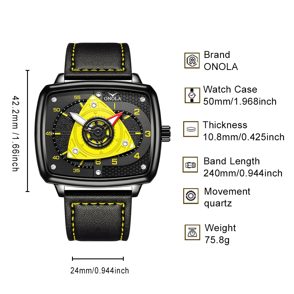ONOLA Men's Sports Quartz Watch Square Punk Style Case Triangle Cool Dial Fashion Casual Men's Watch, Suitable for Daily Wear