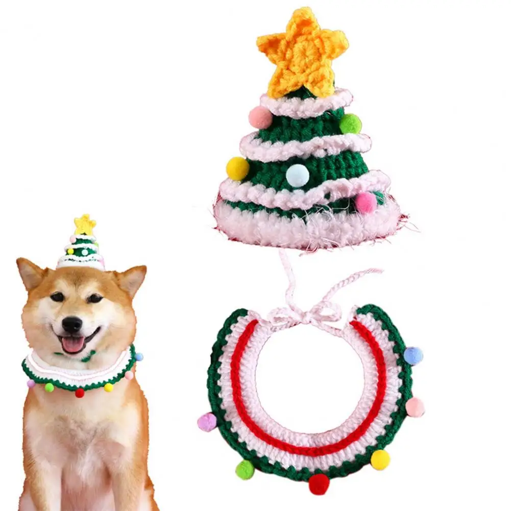 Cute Pet Accessories Hand-woven Christmas Pet Costume Set Dog Collar Hat Knitted Collar Scarf Santa for New for Dogs for Small