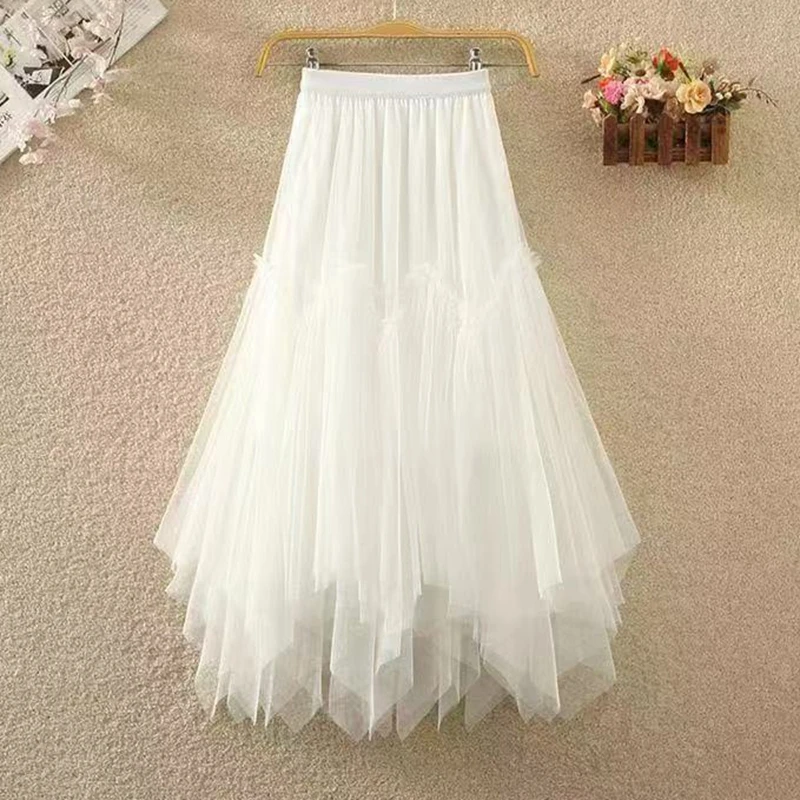 ไม่สม่ําเสมอจีบตาข่าย Tulle กระโปรงผู้หญิงฤดูใบไม้ผลิฤดูร้อนแฟชั่นสีทึบเอว A-Line ทํางานปาร์ตี้เต้นรํา Midi กระโปรงยาว