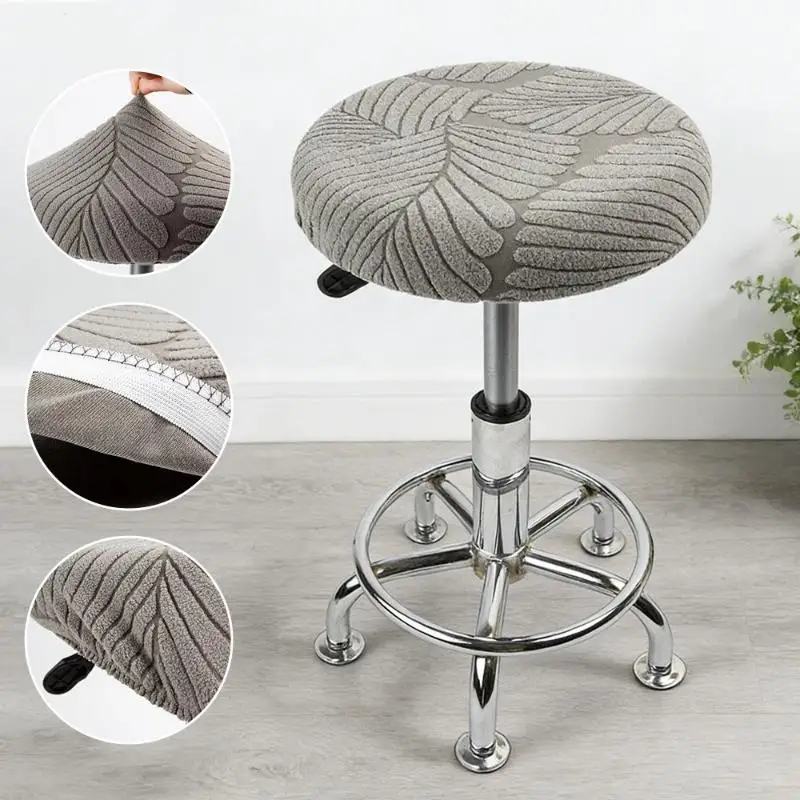 Universal Round Swivel Stool Cover Thick Plush Jacquard Solid Color Elastic Chair Protector for Dining Bar Counter 1PC