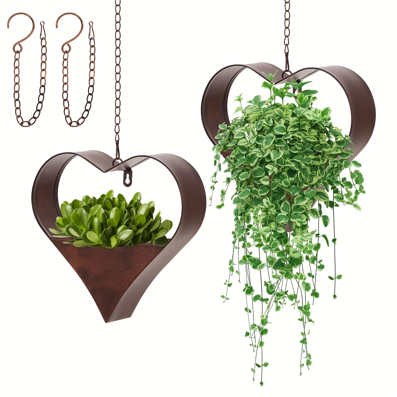 

2pcs Heart-Shaped Metal Hanging Planters - Brown Vintage Indoor/Outdoor Plant Holders with Hooks, Chains & Drain Holes - Perfect for Garden, Porch, and Home Decor Gifts, Hanging Plant Holder