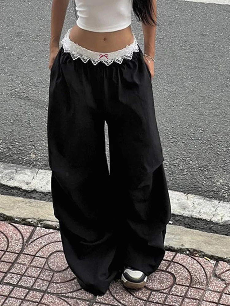 

Брюки в стиле Y2K: рабочие, повседневные, свободные, облегающие, с карманами, кружевом и бантом, в стиле стритстайл, с элементами кэжуал