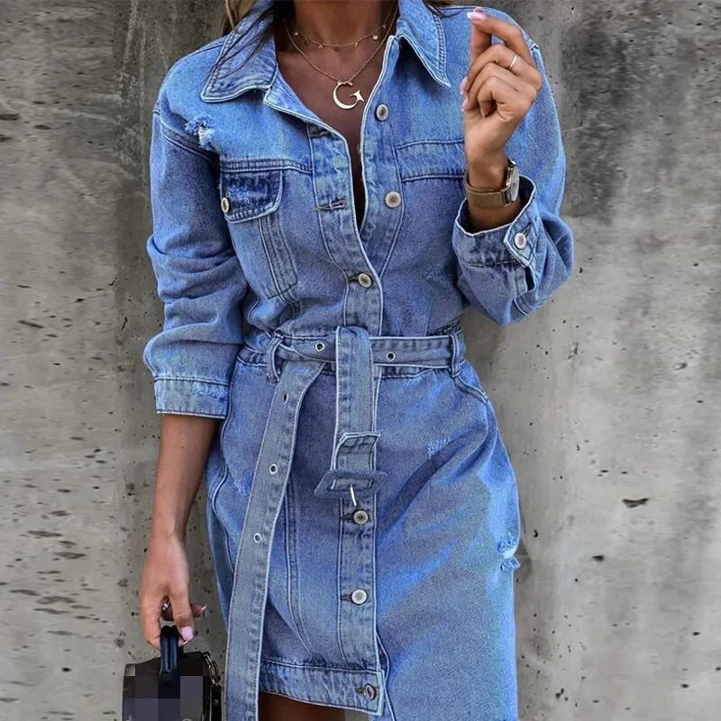 Moda fori rotti abiti in Denim donna cintura a vita alta vestito giuntura bavero monopetto Cardigan abito nuovo Casual Streetwear