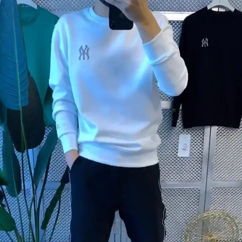 Trendy Men's Hoodie Long Sleeve round Neck Sweatshirt Casual Versatile Base Layer Shirt Autumn Winter New Style Slim Fit T-Shirt