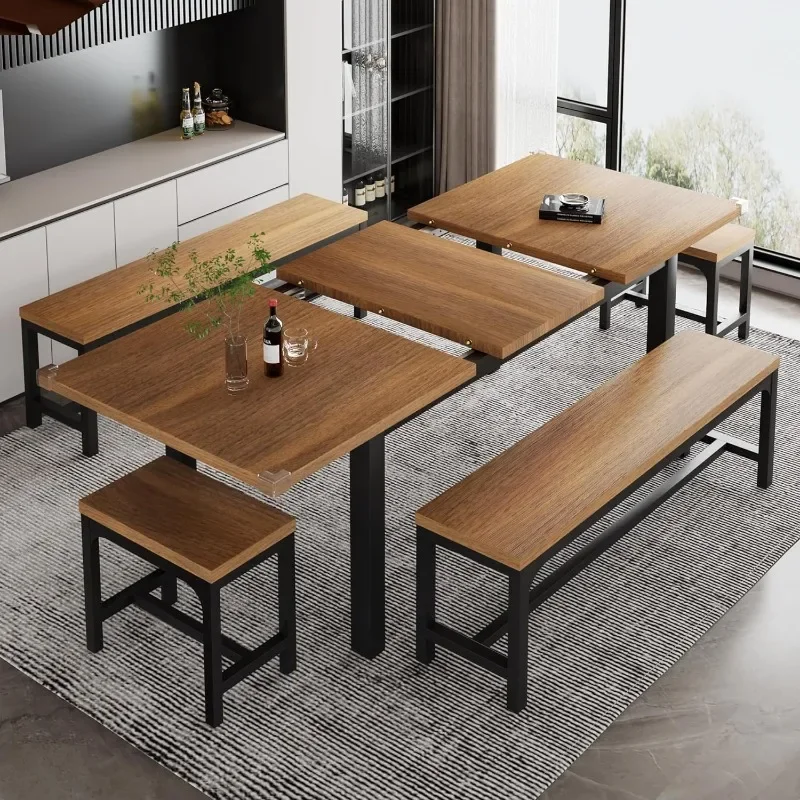 5Pcs Dining Table Set for 4-8 People, Extendable Kitchen Table Set w/ 2 Benches & 2 Square Stools, Mid-Century Dining Room Desk