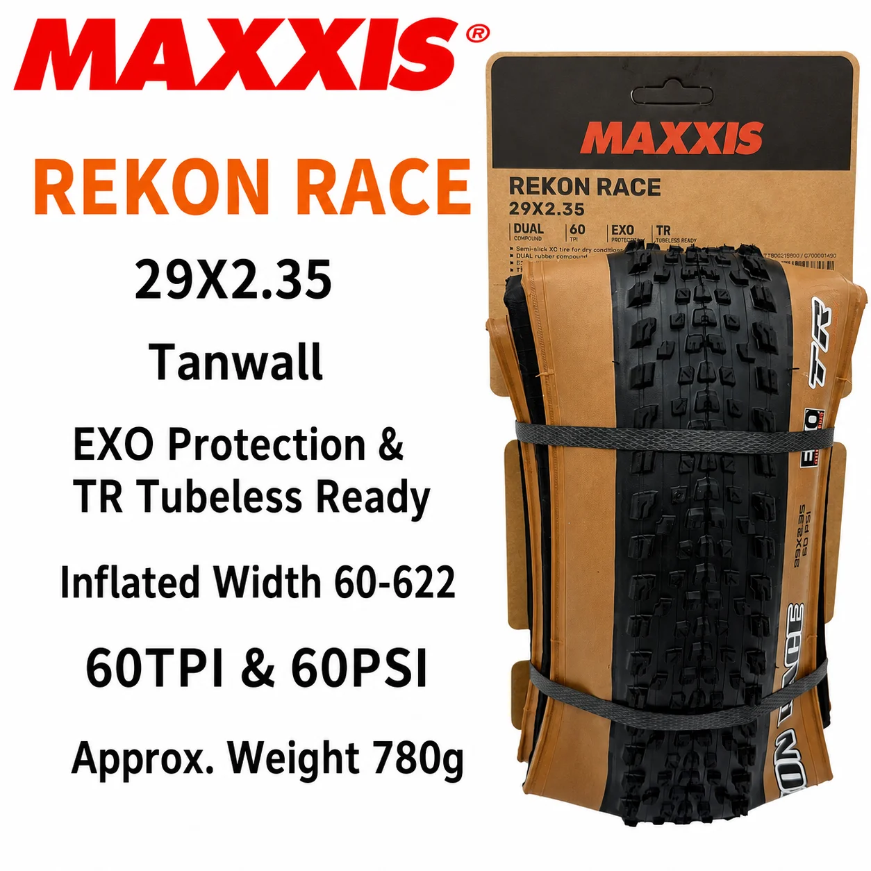 MAXXIS Tubeless REKON RACE EXO TR(M355RU) Faltbarer Fahrradreifen für MTB Mountainbikes 29x2.25/2.35 Tubeless-Reifen 29 Fahrradreifen
