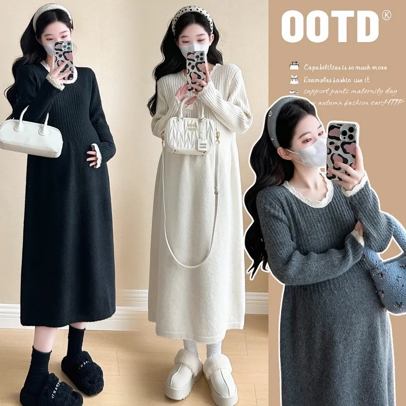

Chic Pregnancy Wear Fall Season Embellished Knit Dress with Delicate Lace Trim Relaxed Silhouette for Expecting Mothers