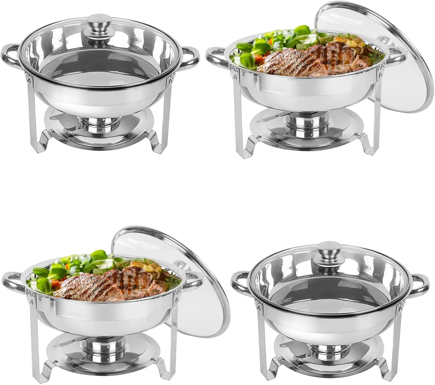 Chafing Dish Buffet Set 4 Pack, 5QT Round Stainless Steel Chafer for Catering in Glass Lid, Chafers and Buffet Warmer Sets w/Foo