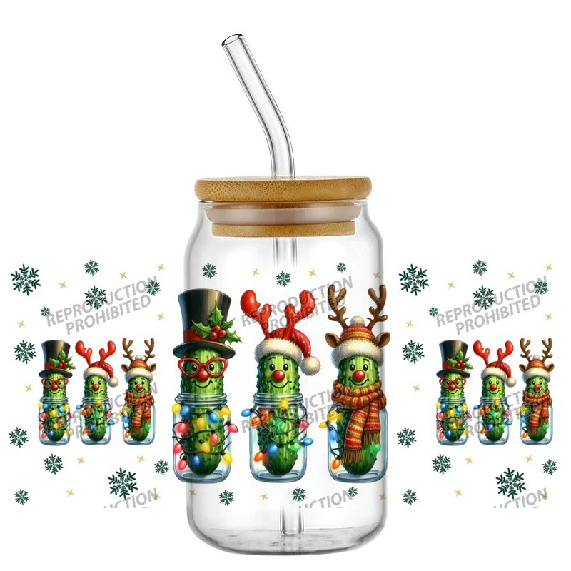 Christmas Cartoon Pickles UV DTF Cup Wrap Waterproof Cold Transfer Sticker for 16oz Libbey Glass Can DIY Xmas Gift Decor
